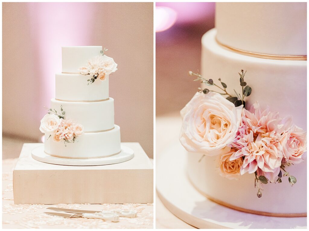 two side-by-side photos of a three-tiered white wedding cake with pink floral details.