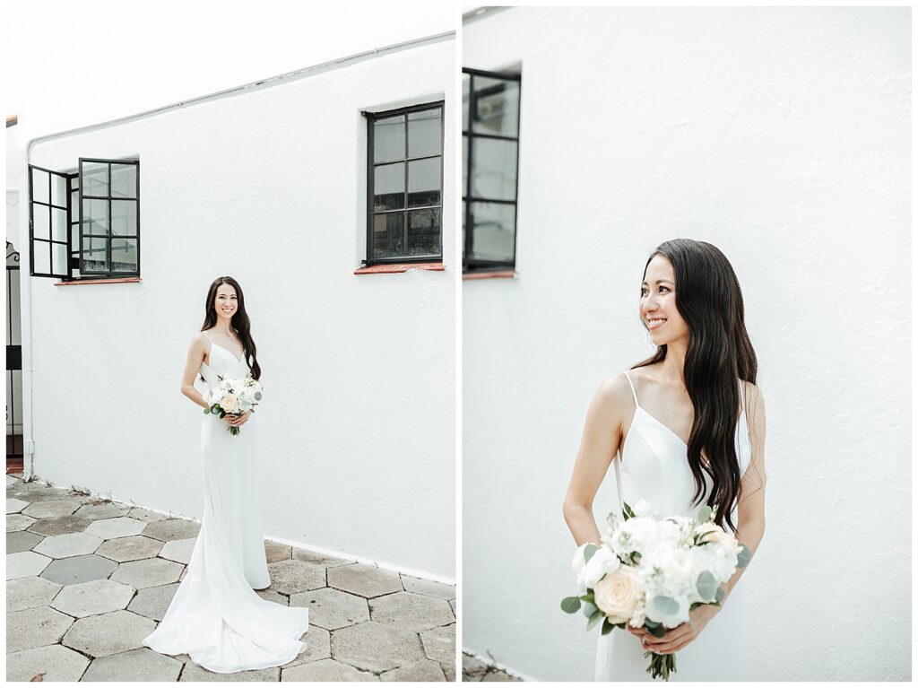 Side-by-side portraits of bride wearing wedding dress and holding bouquet smiling on her wedding day