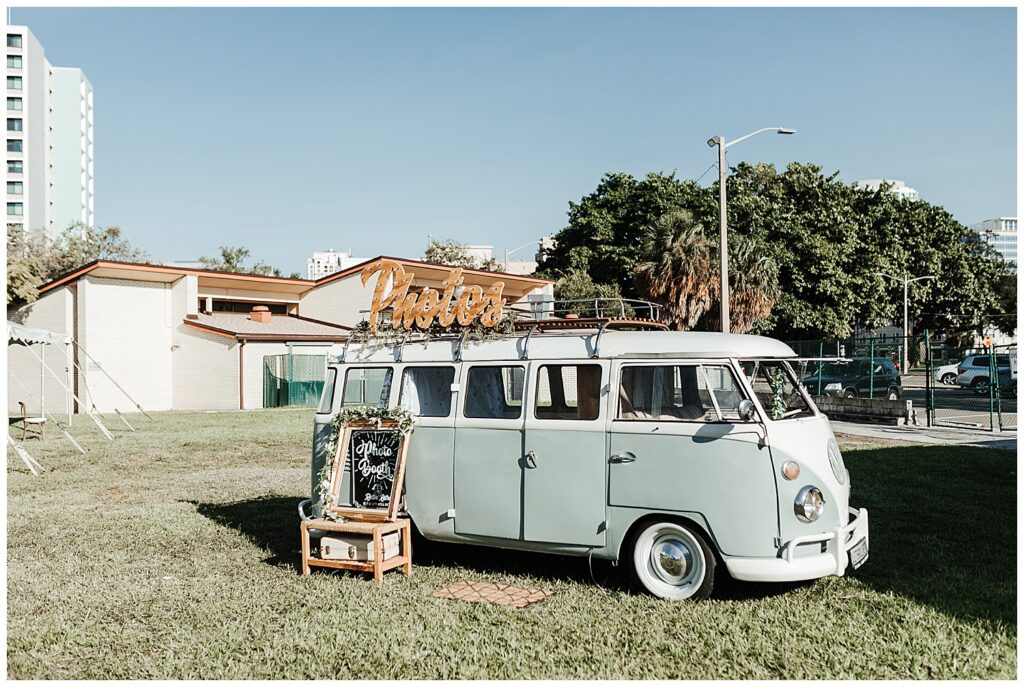 vintage Volkswagen van converted into photo booth for wedding pictures