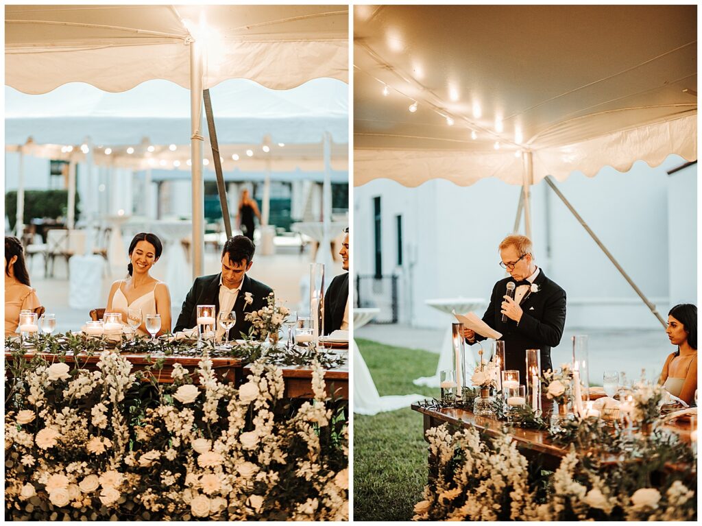 Two photos of floral garden outdoor Florida wedding. Bride and groom sitting at rustic wooden table decorated with romantic white flowers and smiling while listening to speech