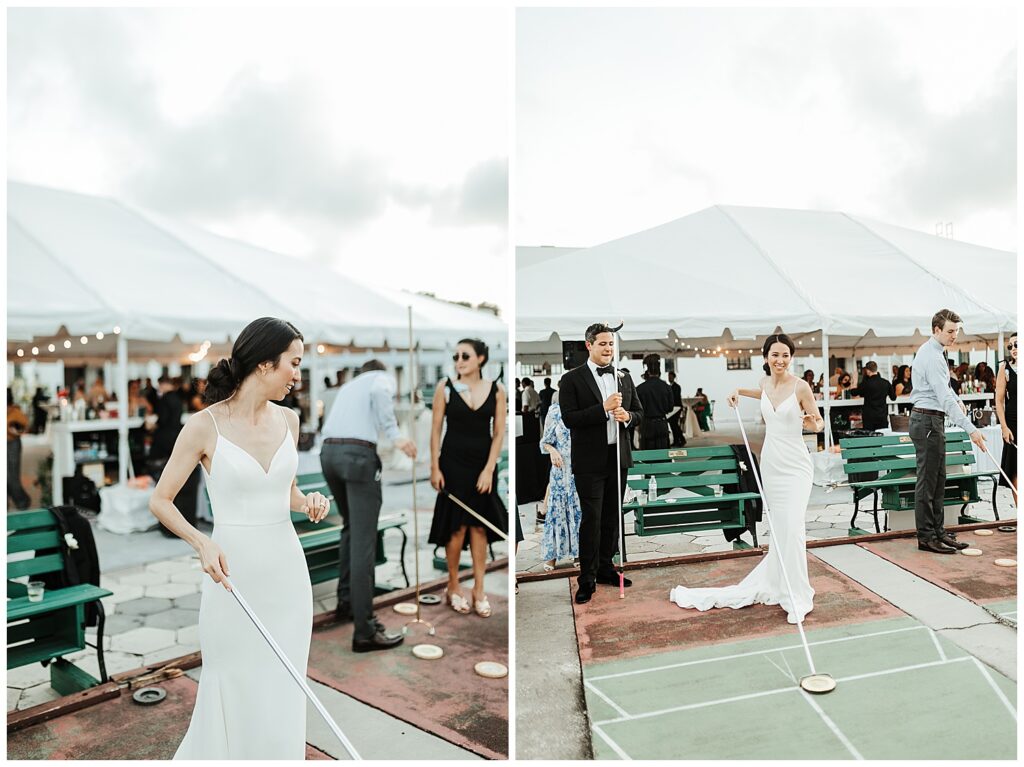 woman in white dress playing shuffleboard outdoors on her wedding day