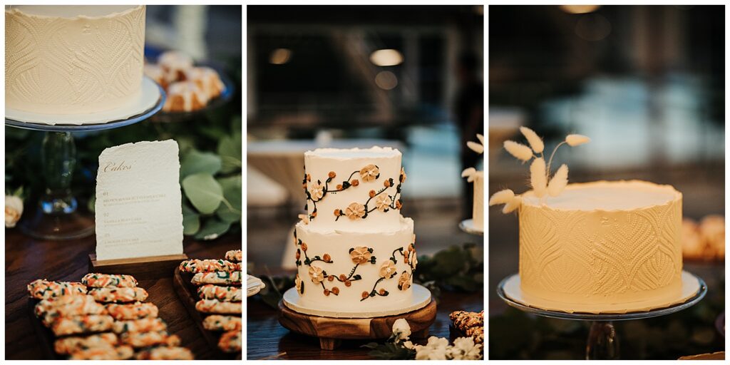 three photos of wedding cakes and cookies decorated in pastel colors