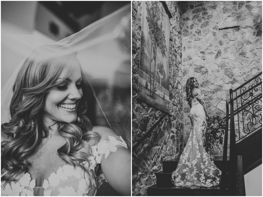 black-and-white portraits of bride in long floral wedding gown at Bella Collina wedding venue