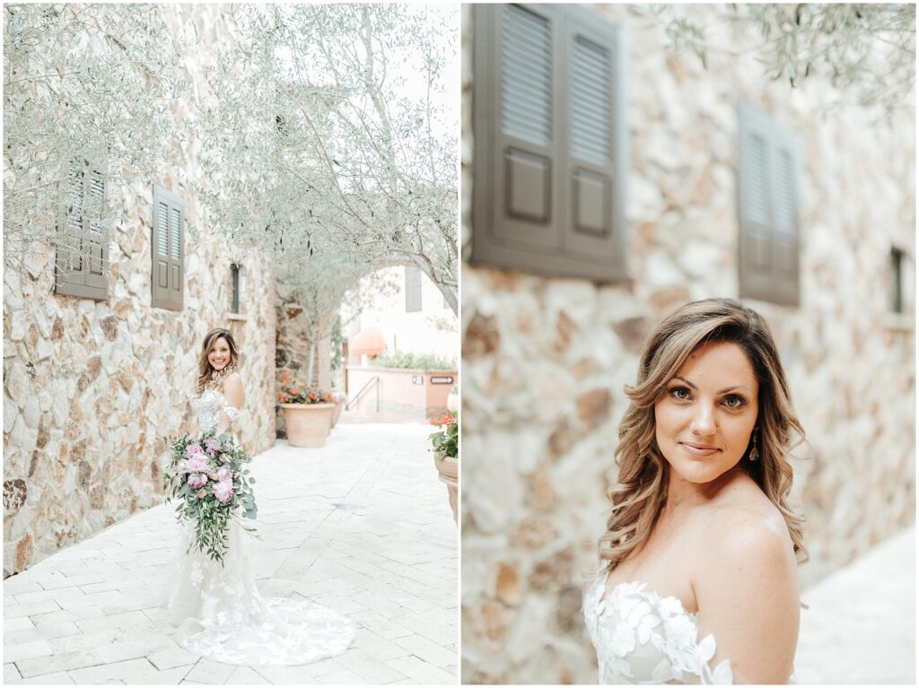 two portraits of blonde-haired woman in white dress at Bella Collina wedding 