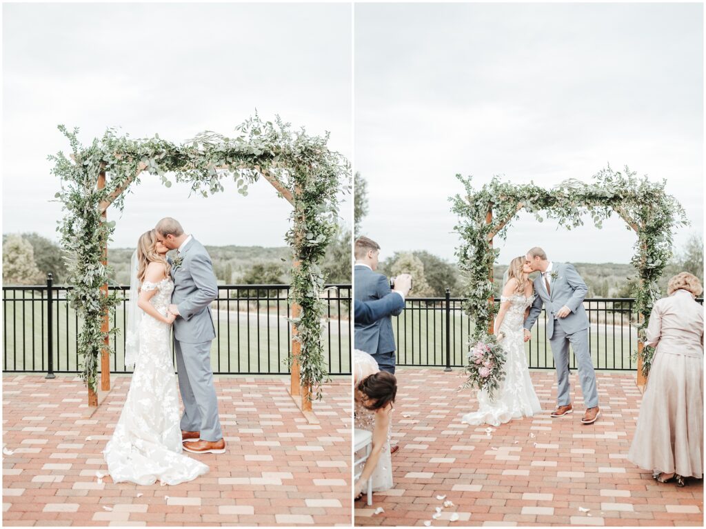 two side-by-side portraits of bride and groom sharing first kiss on wedding day at Bella Collina wedding venue