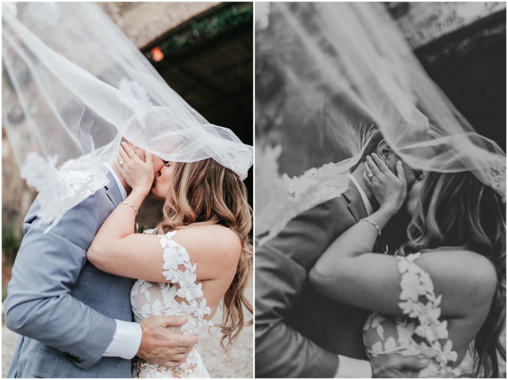 two close-up photos of bride and groom kissing under wedding veil 