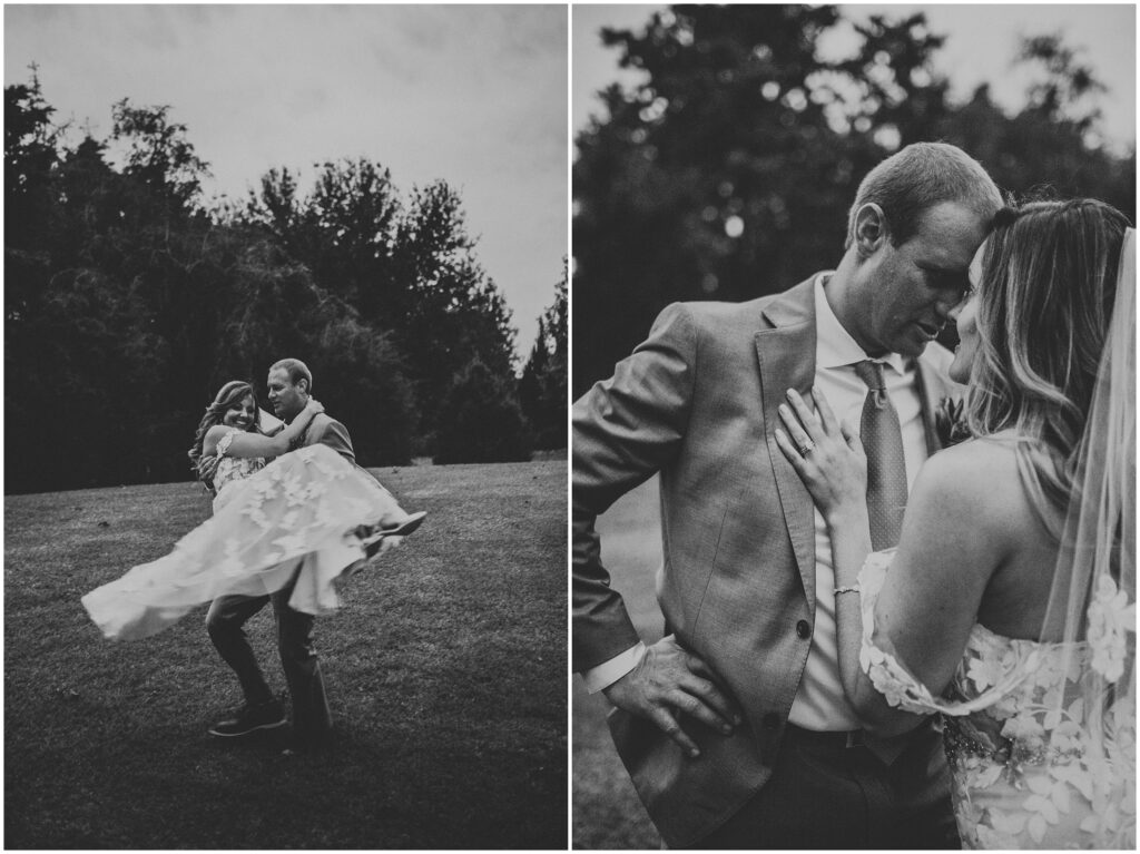 romantic black-and-white portraits of bride and groom in grass field on wedding day