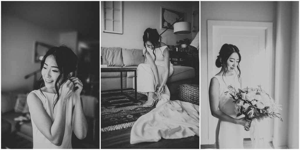 three side-by-side photos of bride getting ready for wedding ceremony at St. Petersburg Museum of Fine Arts