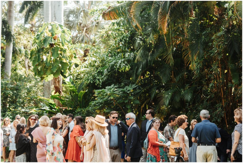Wedding guests arrive at Sunken Gardens wedding surrounded by palm trees 