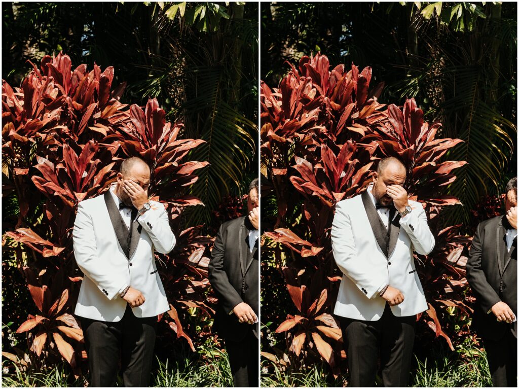 Two side-by-side photos of emotional groom's first look at bride on day of Sunken Gardens wedding; man in white tuxedo wipes tears up during first look at bride