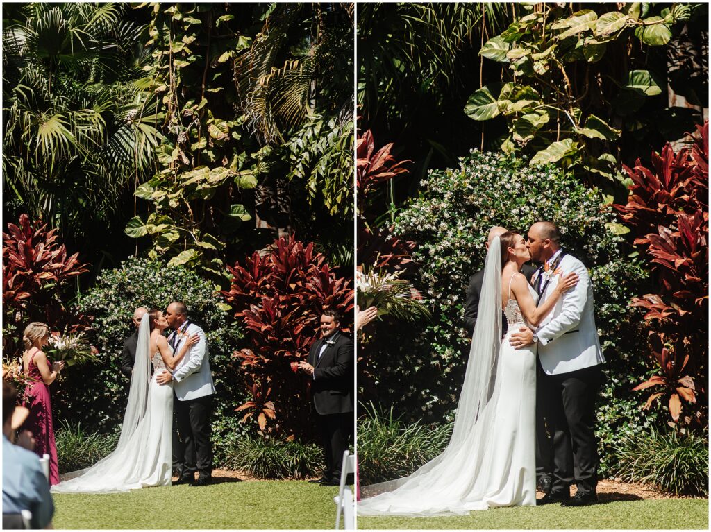 Two photos of bride and groom sharing first kiss during Sunken Gardens wedding
