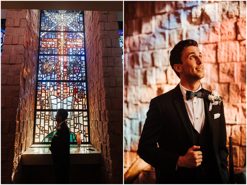 Two side-by-side portraits of groom before traditional wedding at The Vinoy in St Pete