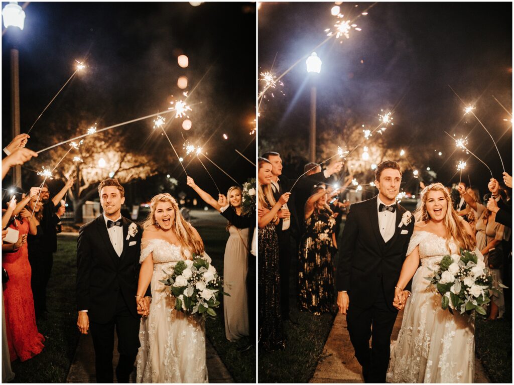 Two photos of man and woman, just married, doing a sparkler exit after their wedding at The Vinoy