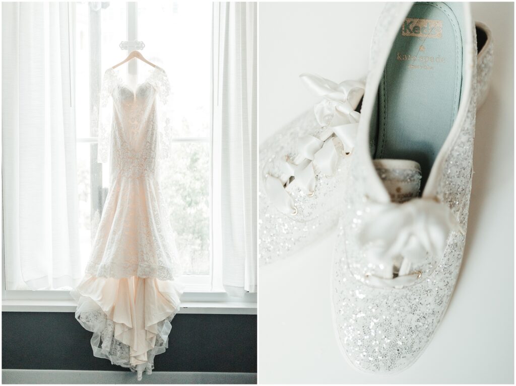 White and blush lace wedding dress hangs on window; white sequin Kate Spade Keds 