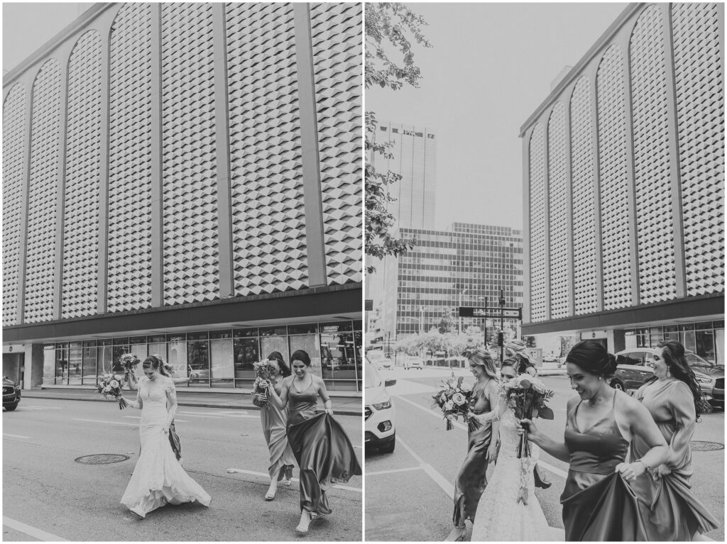 Black and white photos of bride and bridesmaids walking across street in Downtown Tampa after Armature Works wedding 