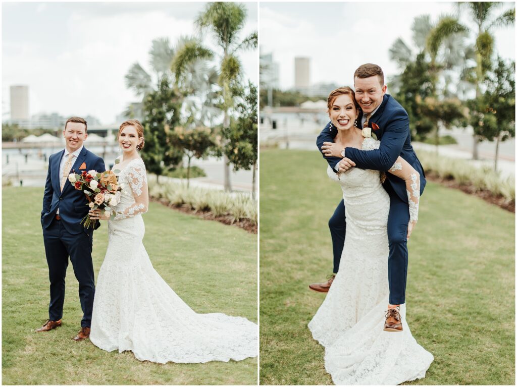 Two side-by-side photos of bride and groom; bride in white lace gown gives groom piggy back ride after wedding 