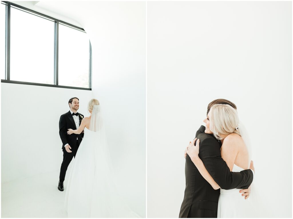 Two side-by-side portraits of bride and groom romantic first look reaction before Hyde House Tampa Wedding