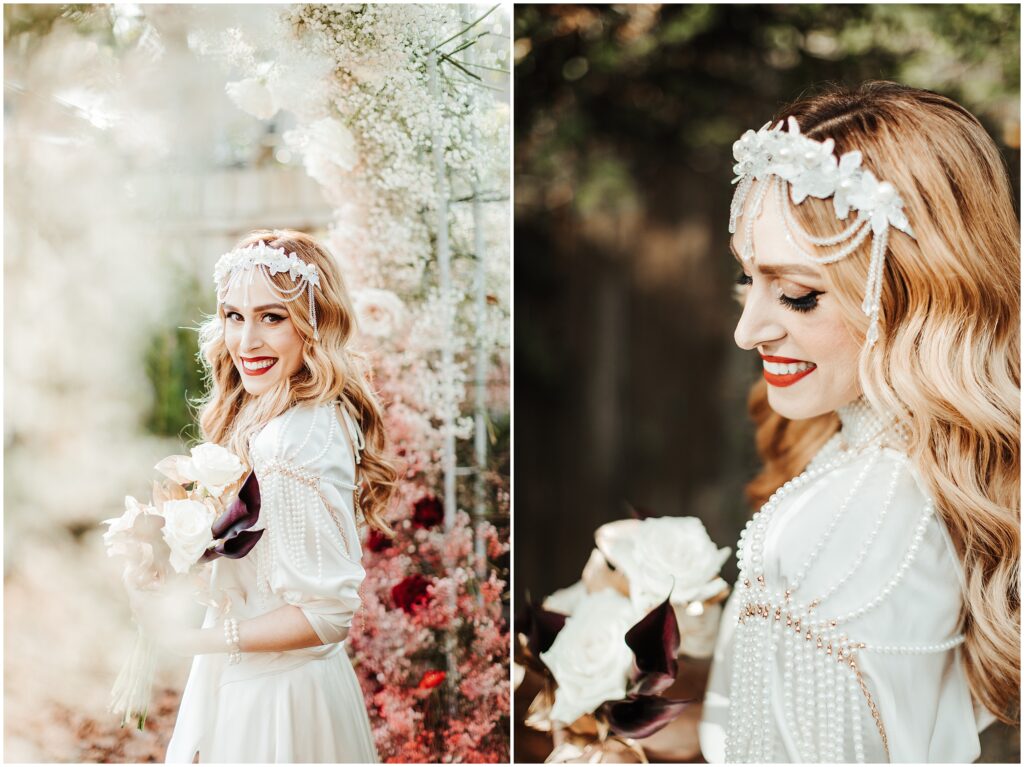 Two close-up portraits of beautiful blonde bride wearing beaded floral headband on wedding day