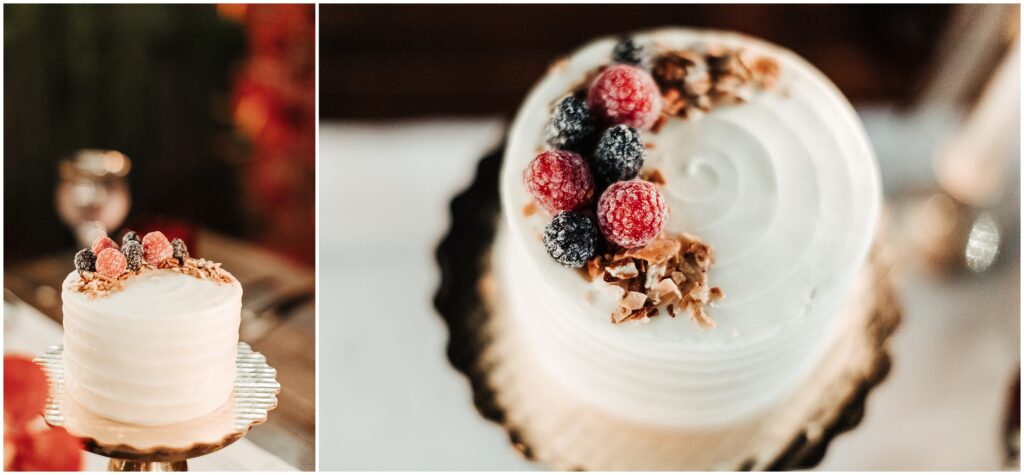 Two photos of Publix wedding cake decorated with frosted raspberries and blueberries 