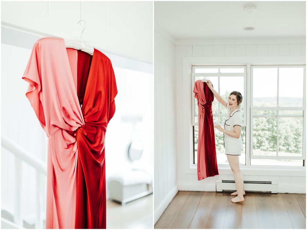 Bride holds up nontraditional red-and-pink Prabal Gurung wedding dress 
