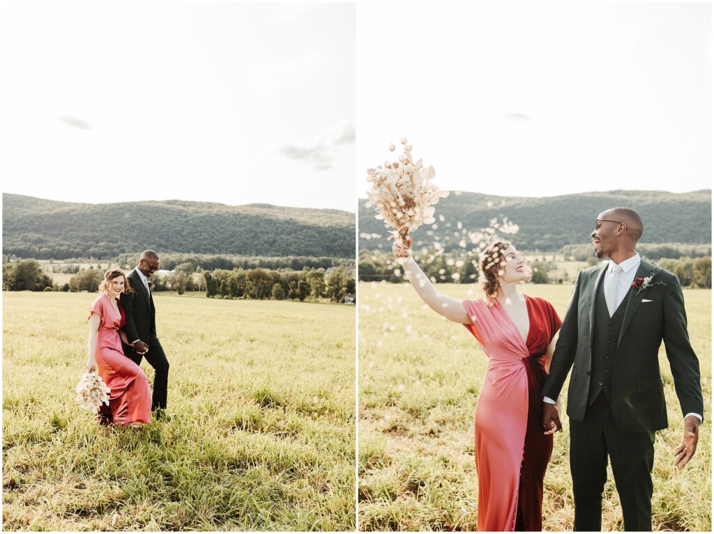 two portraits of bride and groom at upstate NY wedding smiling and walking through grassy field, surrounded by hills