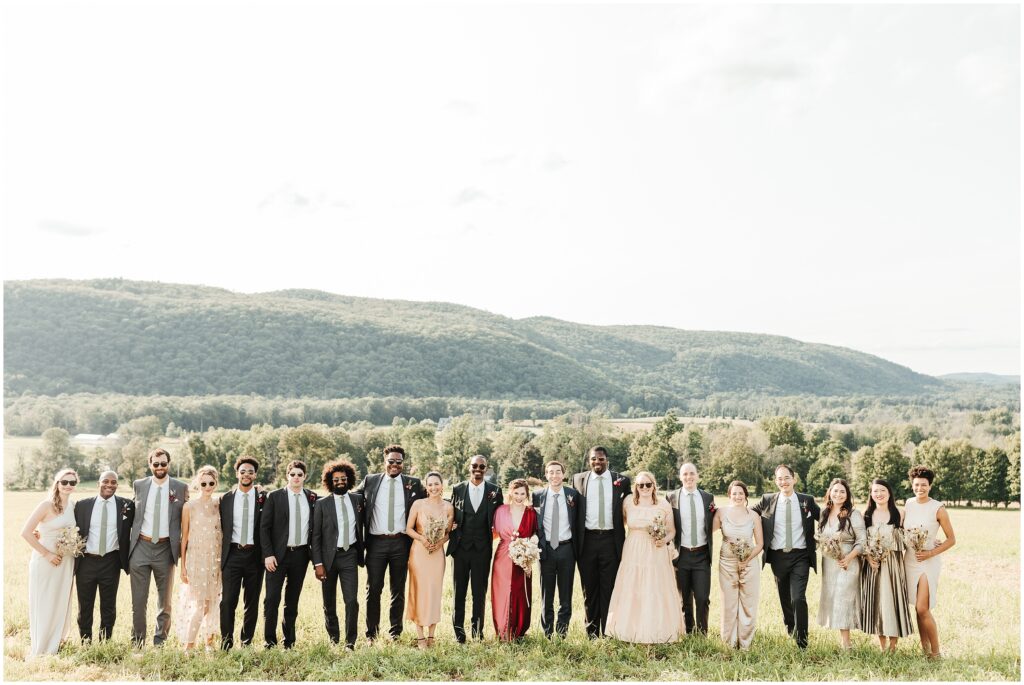 scenic upstate NY wedding photo of bridal party with green hills in background