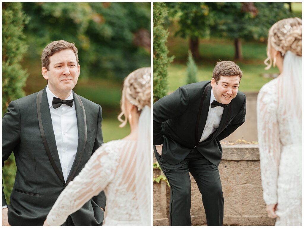 Adorable bride and groom first look reaction photo collage taken at Crane Estate gardens 