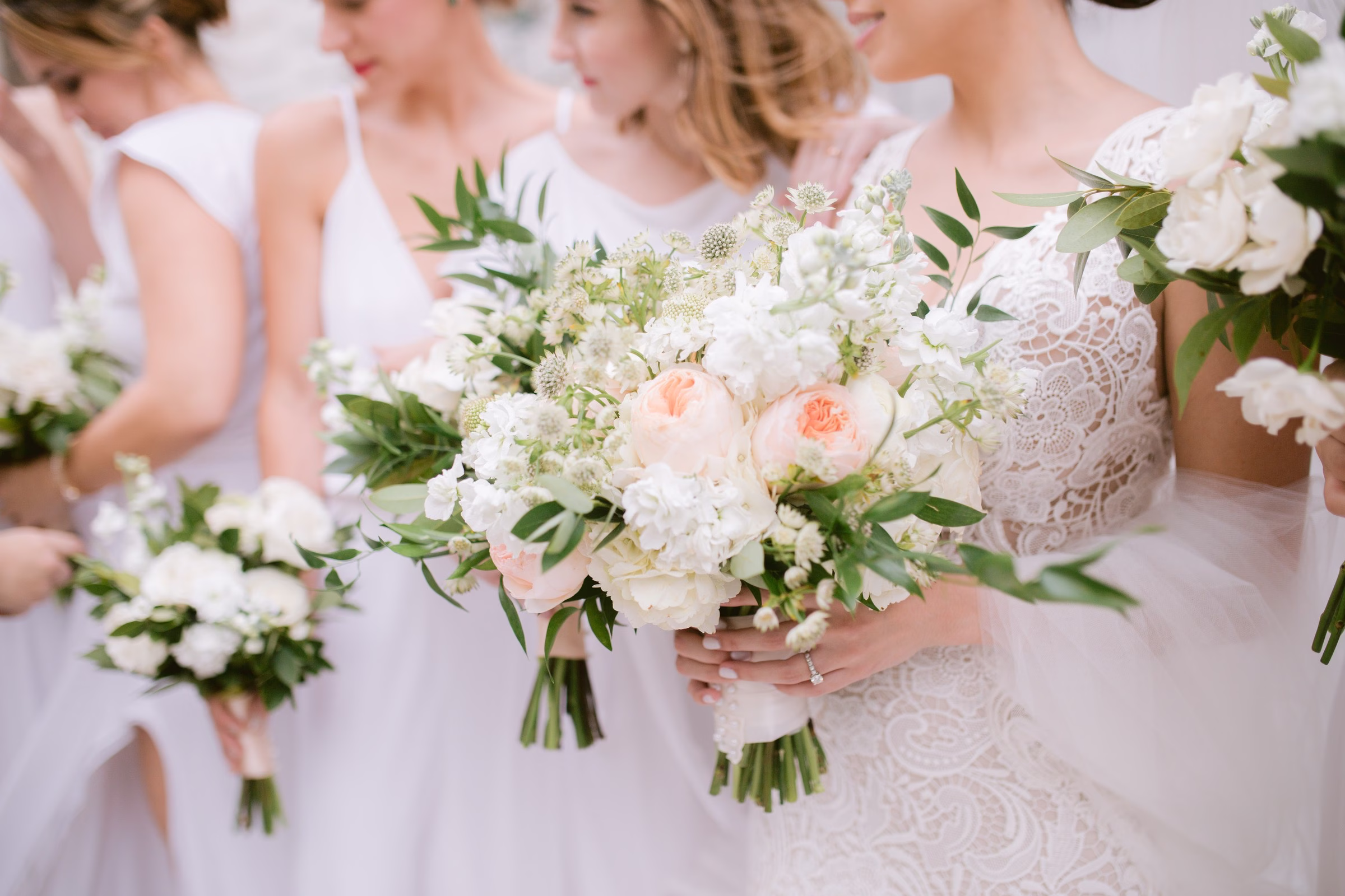 bridesmaids white blush bouquets tampa bay wedding photography - Home Bridesmaids in white lace dresses holding white and blush pink wedding bouquets captured by Tampa Bay wedding photographer Ashley Izquierdo Photography