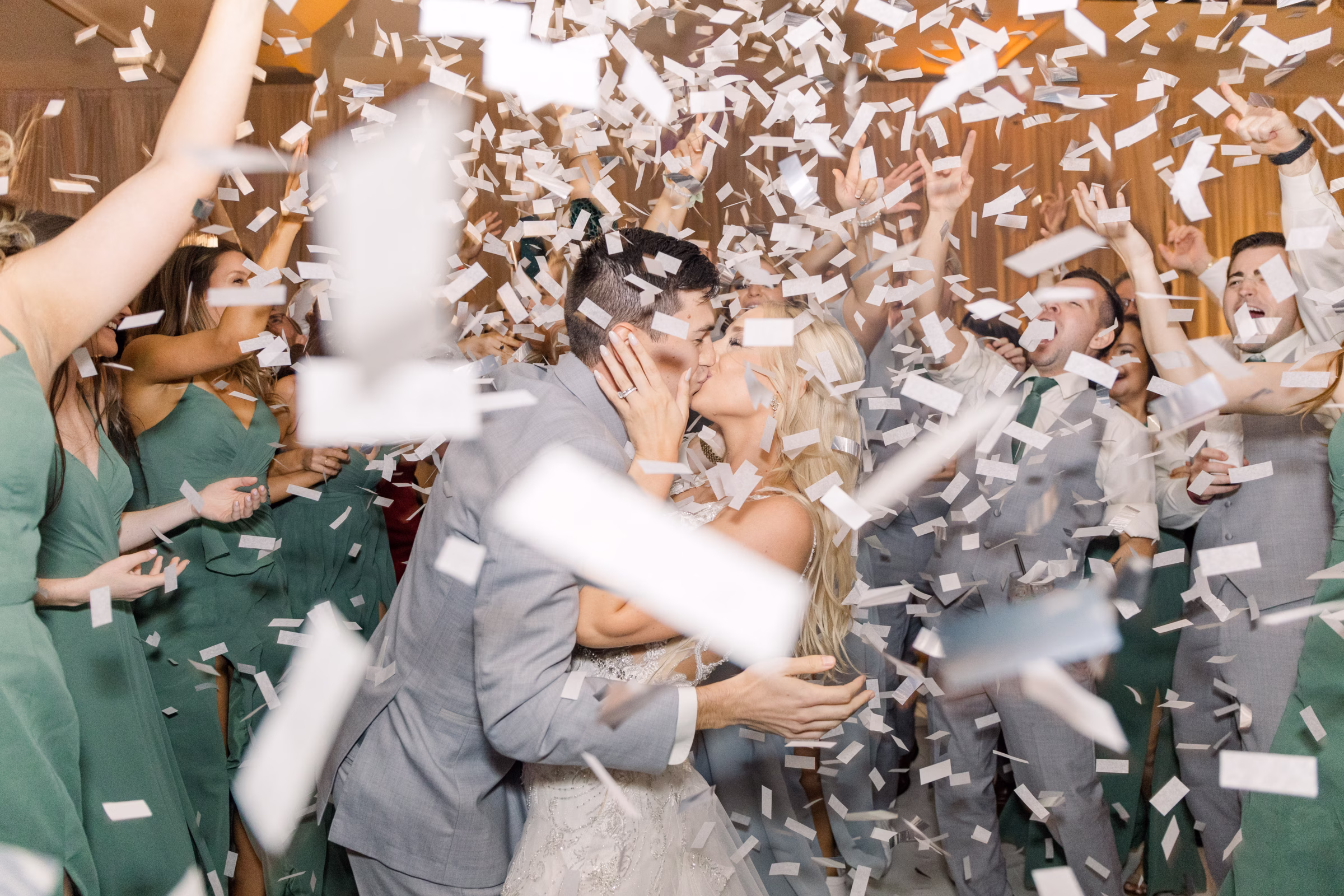 confetti toss wedding ceremony celebration tampa bay - Home Bride and groom kissing during white confetti toss celebration at Tampa Bay wedding ceremony photographed by Ashley Izquierdo Photography