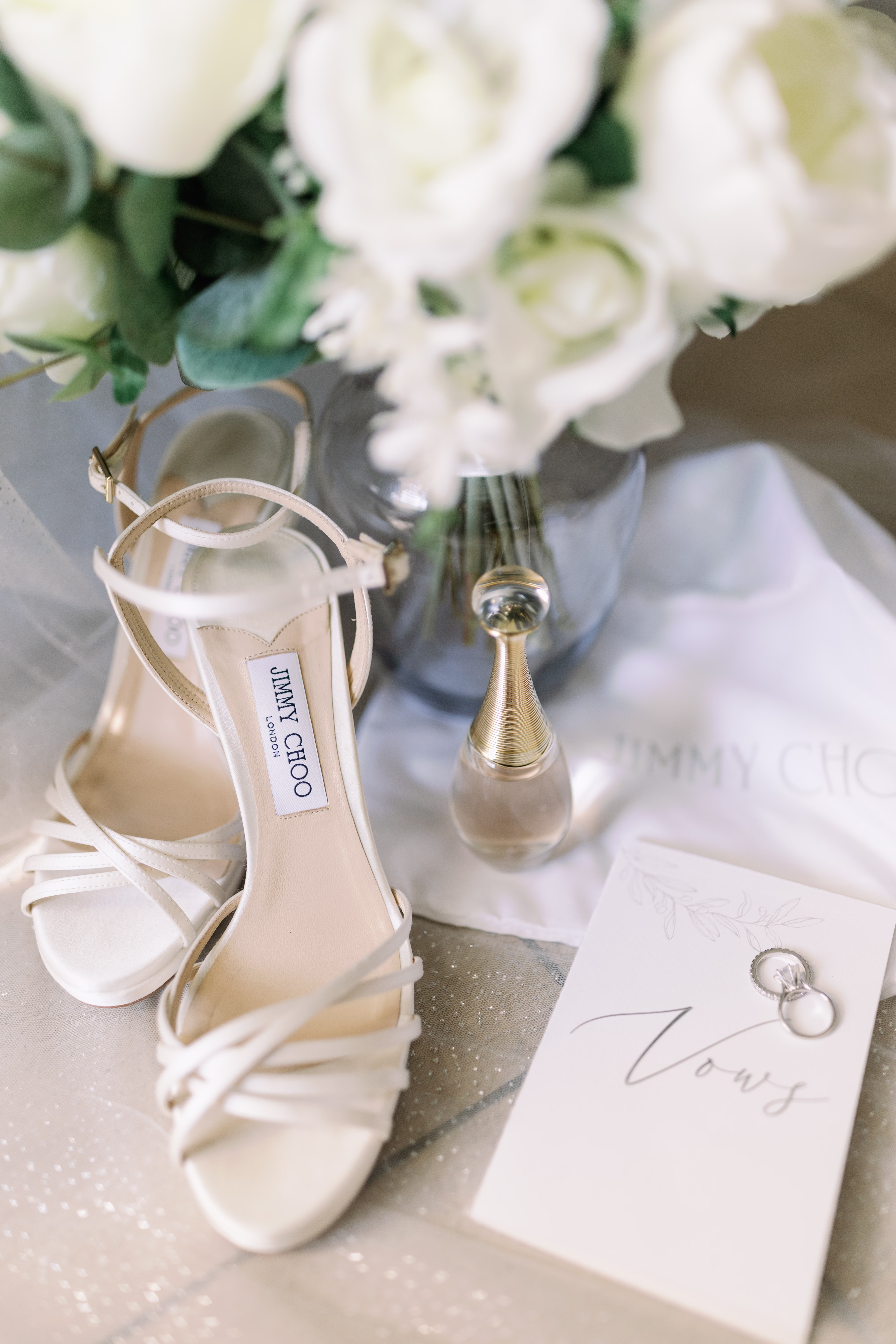 elegant bridal details jimmy choo shoes white bouquet tampa wedding - Home Elegant bridal details featuring Jimmy Choo wedding shoes, perfume, rings and white floral bouquet for Tampa Bay wedding