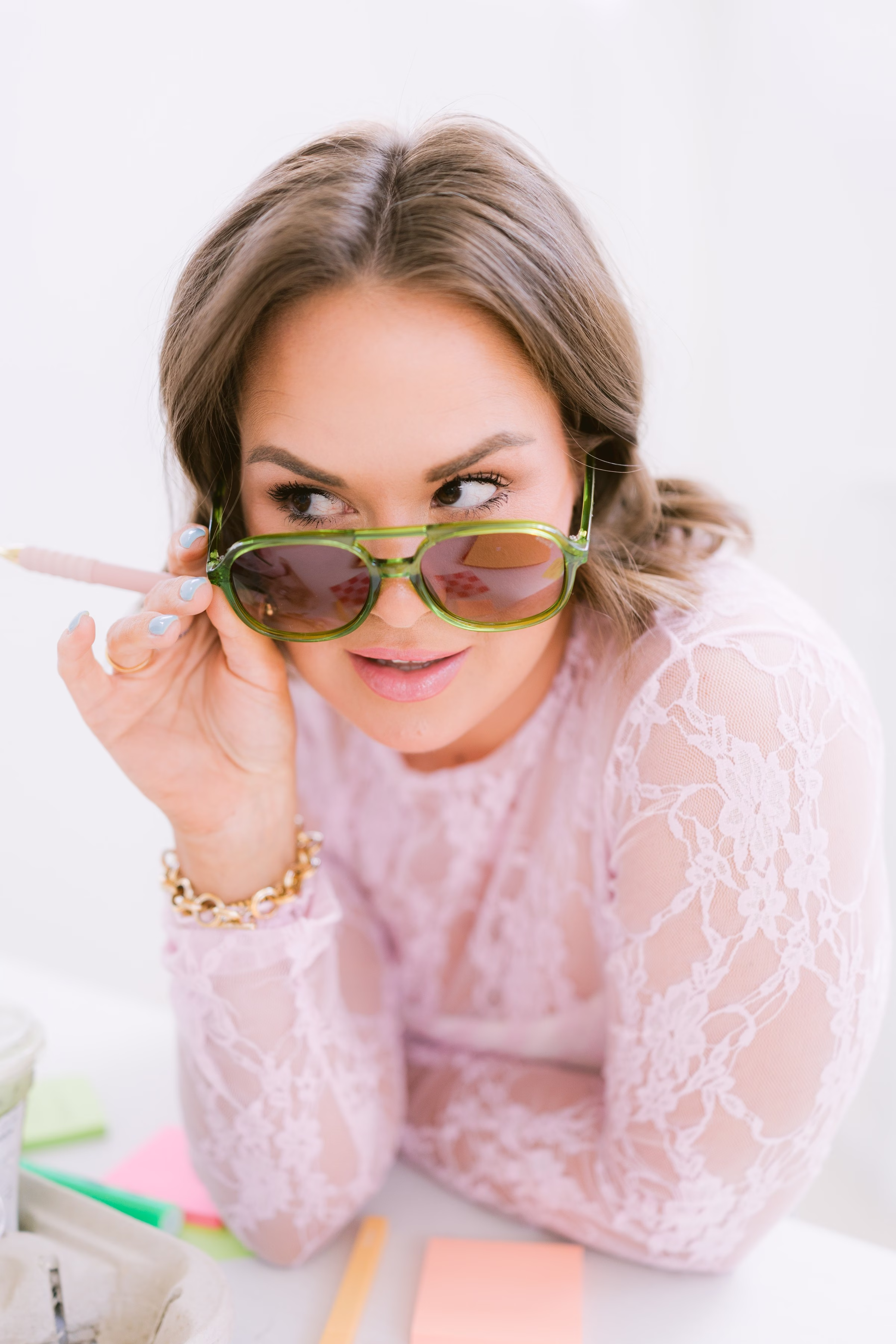 professional branding headshot pink lace green sunglasses - Headshots & Branding Professional branding headshot of woman in pink lace top with green sunglasses for Tampa Bay business photography