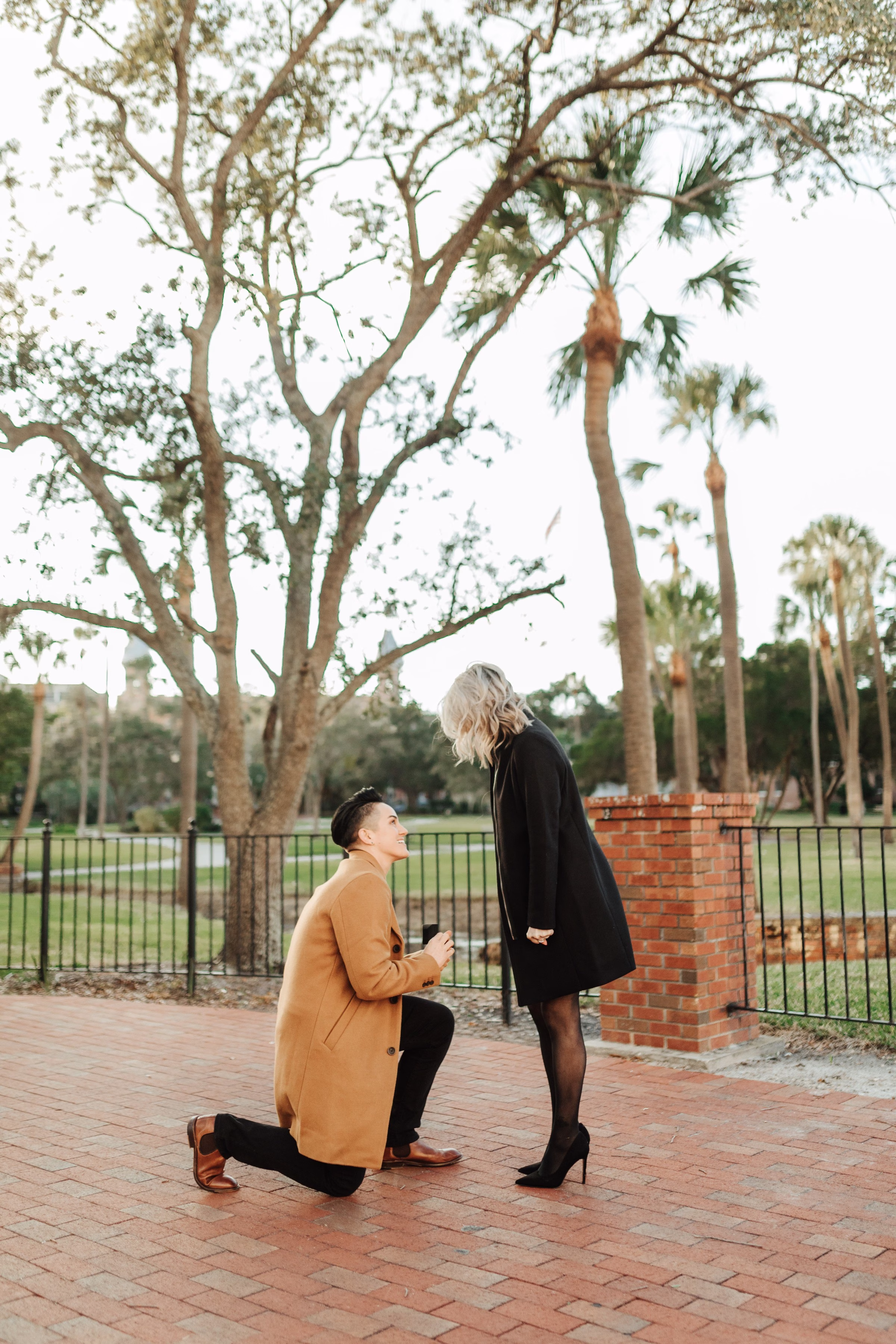 Man proposing to woman on one knee during romantic engagement session in Tampa Bay photographed by Ashley Izquierdo Photography
