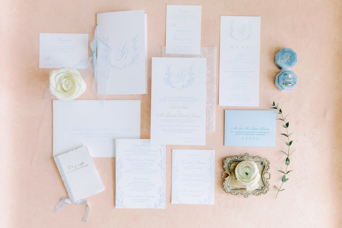 Blue and white wedding invitation suite by Urban Coast stationery for waterfront wedding at The Vinoy St. Petersburg