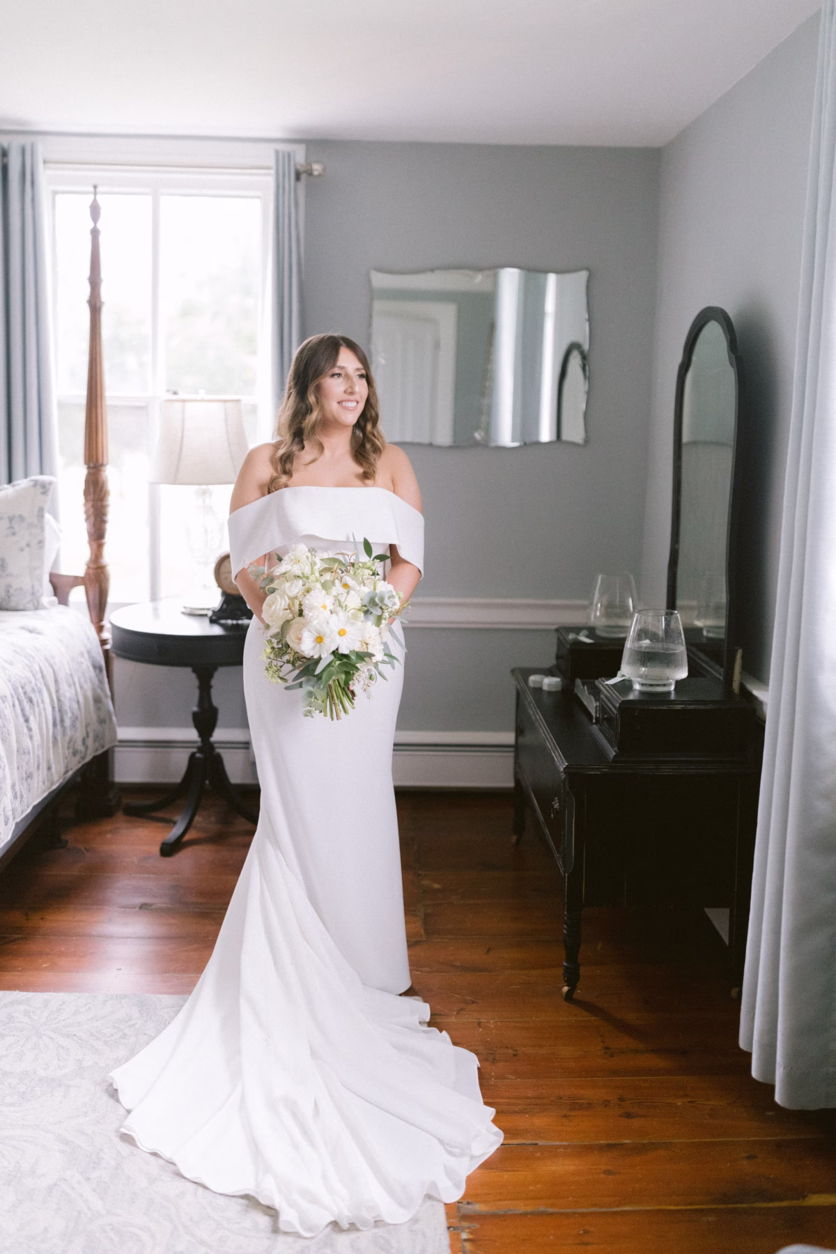bridal portrait kleinfeld nyc wedding dress johnsons locust hall - A Farm Wedding at Johnson's Locust Hall, New Jersey Elegant bridal portrait in off-shoulder Kleinfeld NYC wedding dress with white bouquet by Allie Johnson at Johnson's Locust Hall New Jersey