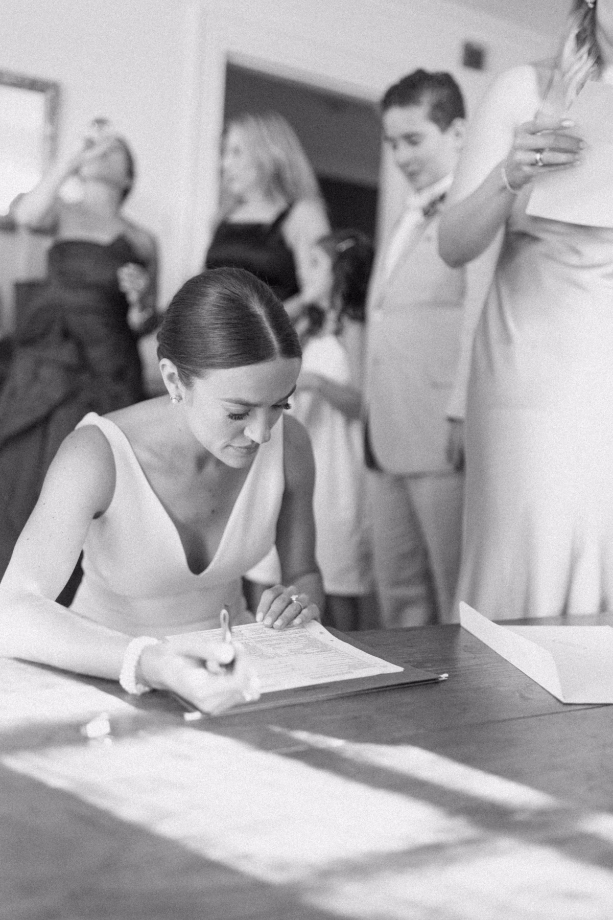 bride signing marriage license johnsons locust hall farm wedding - A Farm Wedding at Johnson's Locust Hall, New Jersey Bride in white dress signing marriage license at Johnson's Locust Hall farm wedding in New Jersey photographed by Ashley Izquierdo Photography
