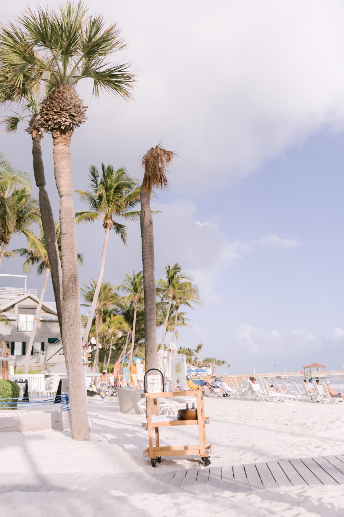 Elegant beach wedding bar cart setup with palm trees at Casa Marina Key West captured by Ashley Izquierdo Photography