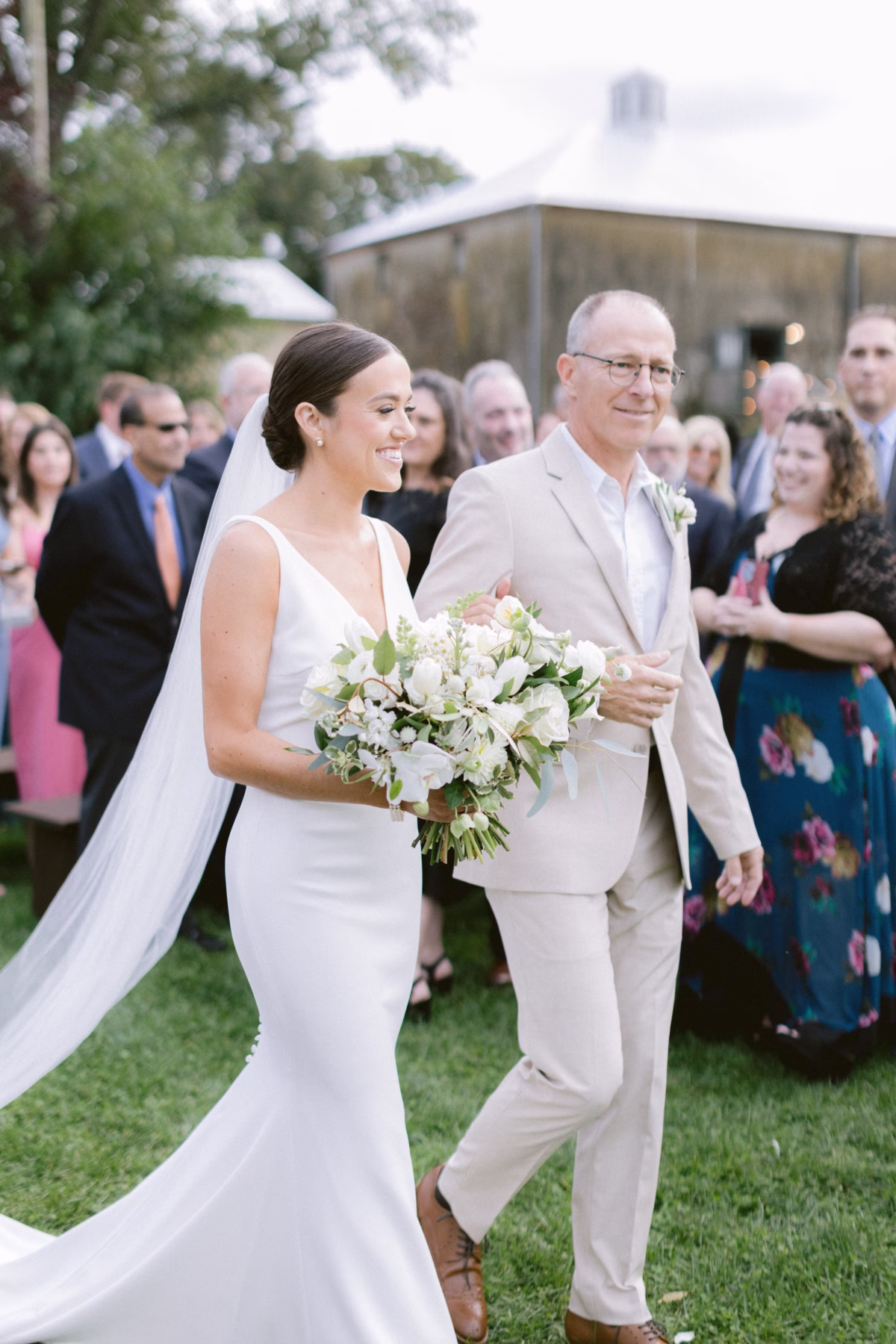 farm wedding ceremony processional johnsons locust hall new jersey - A Farm Wedding at Johnson's Locust Hall, New Jersey Bride walks down the aisle with her father during outdoor wedding ceremony at Johnson's Locust Hall farm venue in New Jersey