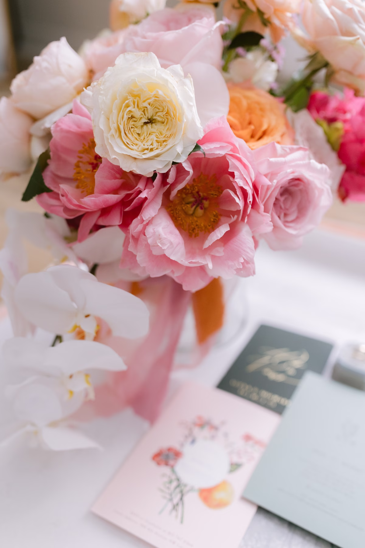 Romantic pink and white wedding bouquet with peonies and roses by Golden Wild Florals at Soire Estate Tampa garden wedding