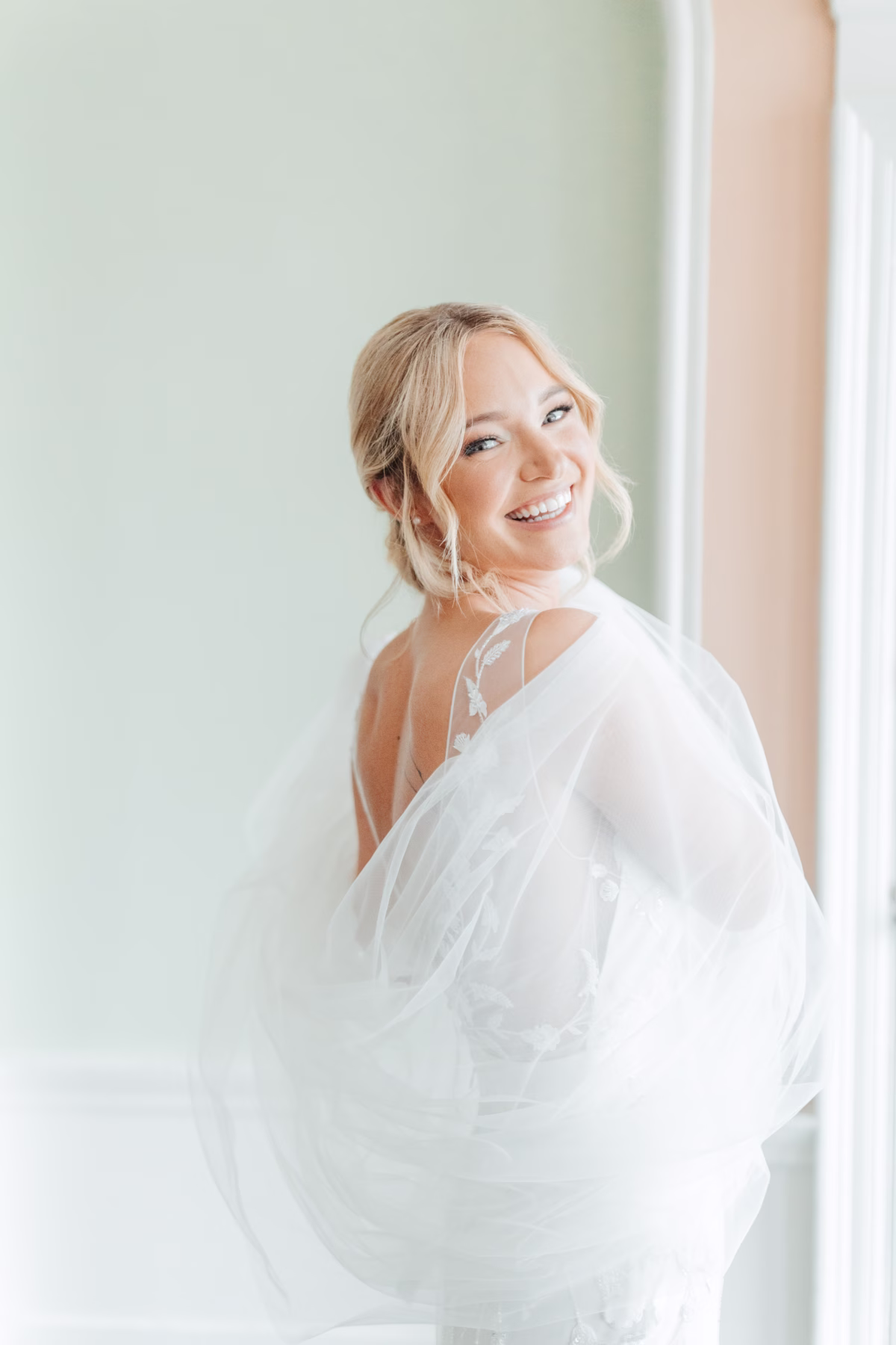Elegant bridal portrait at The Lightner Museum featuring Alexandra Grecco wedding dress by Ashley Izquierdo Photography