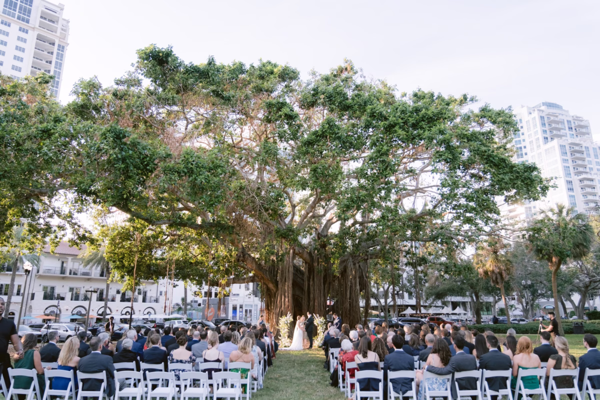 Outdoor wedding ceremony under a majestic banyan tree at Nancy Cotto Events venue in St. Petersburg with guests seated in white chairs