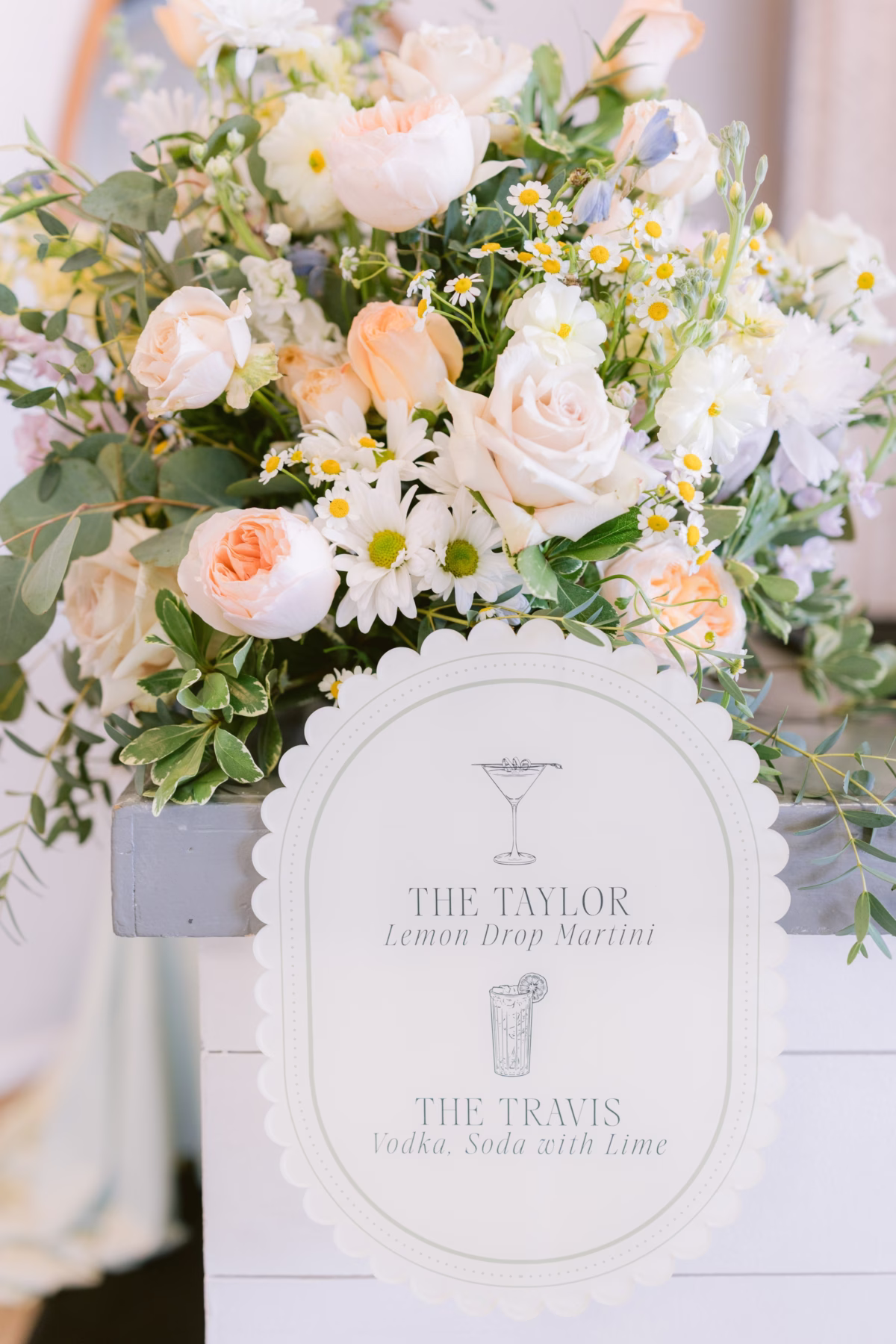 Wedding cocktail menu by Kulgra Stationery with blush florals by I Dew Events at Armature Works Tampa wedding photographed by Ashley Izquierdo Photography