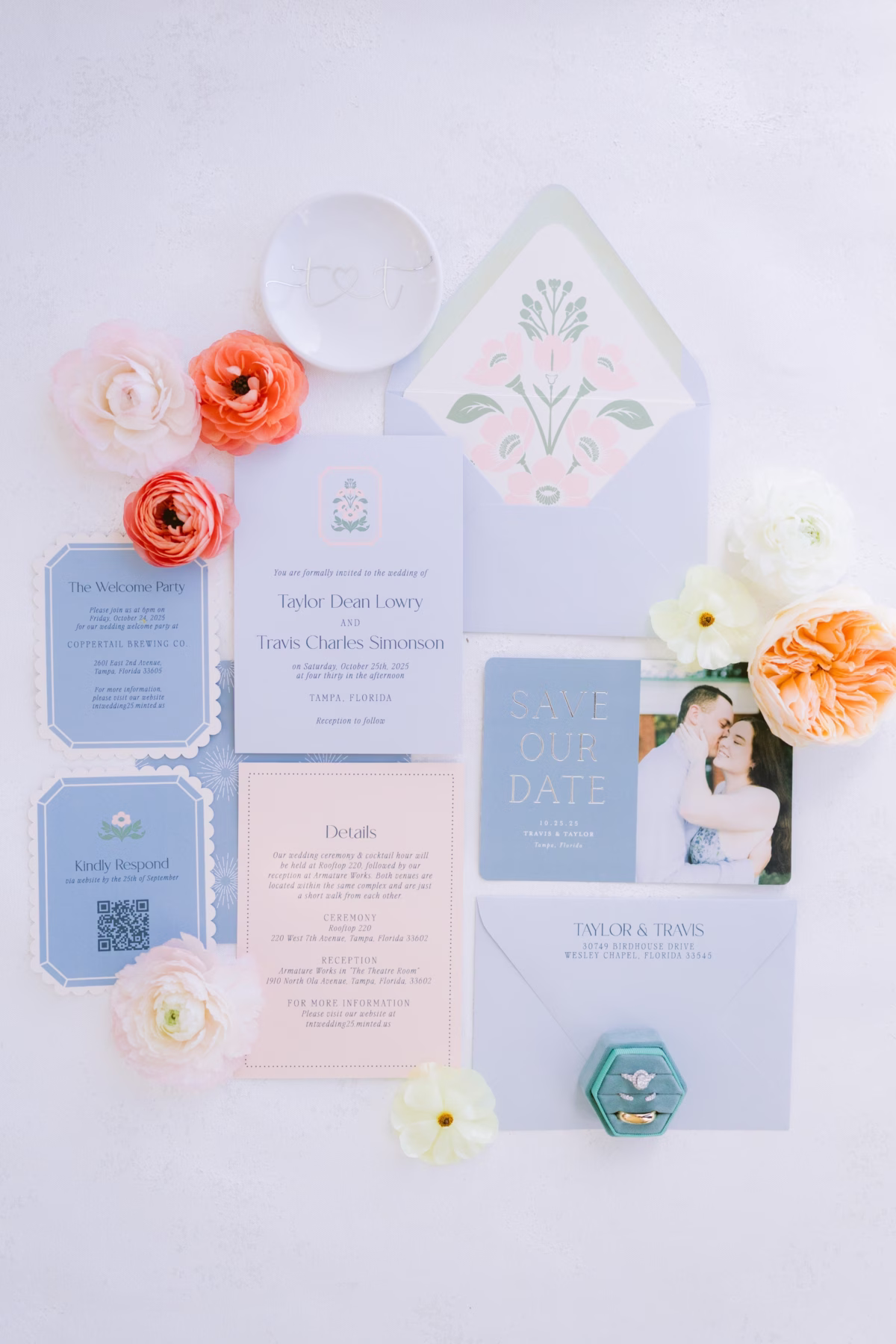 Elegant wedding invitation suite by Kulgra with blue and pink color scheme alongside coral and white florals by I Dew Events for Armature Works Tampa wedding