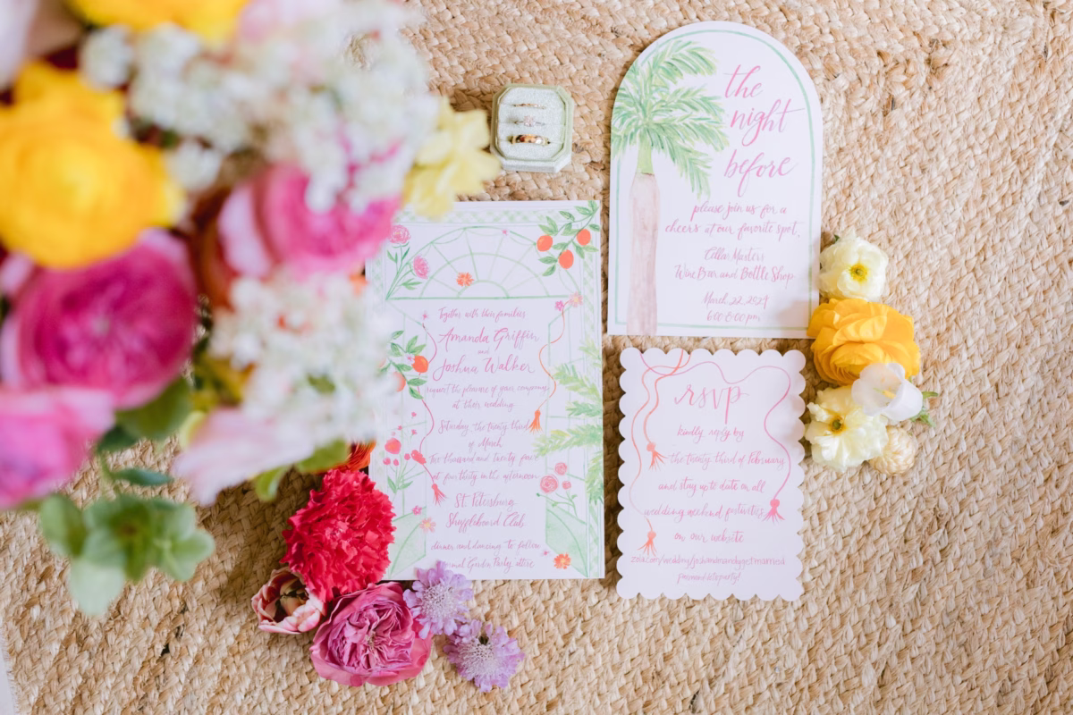 Colorful tropical wedding invitation suite with florals by HelenMade Designs for St Pete Shuffleboard Club wedding
