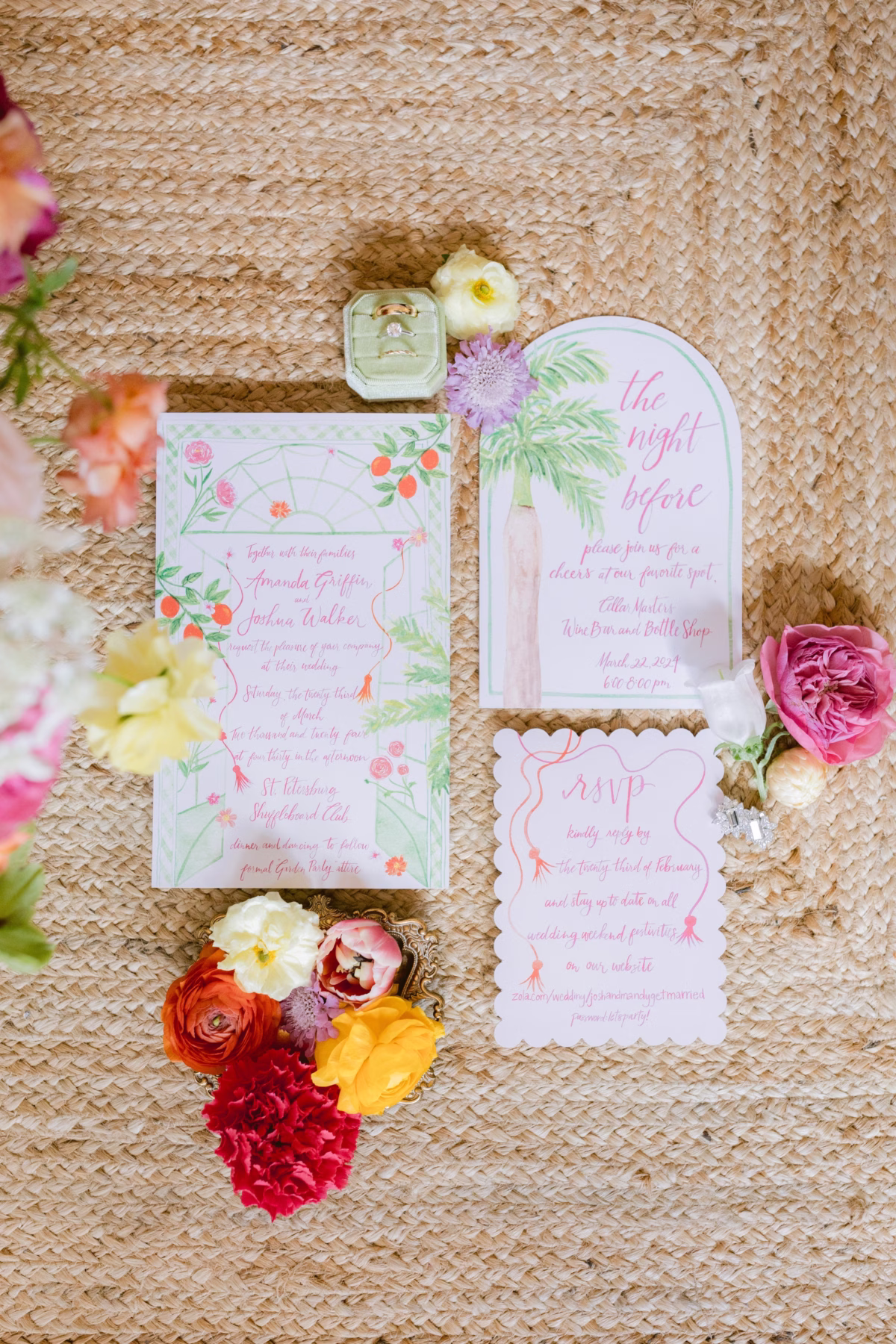 Colorful tropical wedding invitation suite by HelenMade Designs with florals by Petite Fleur for St Pete Shuffleboard Club wedding photographed by Ashley Izquierdo Photography