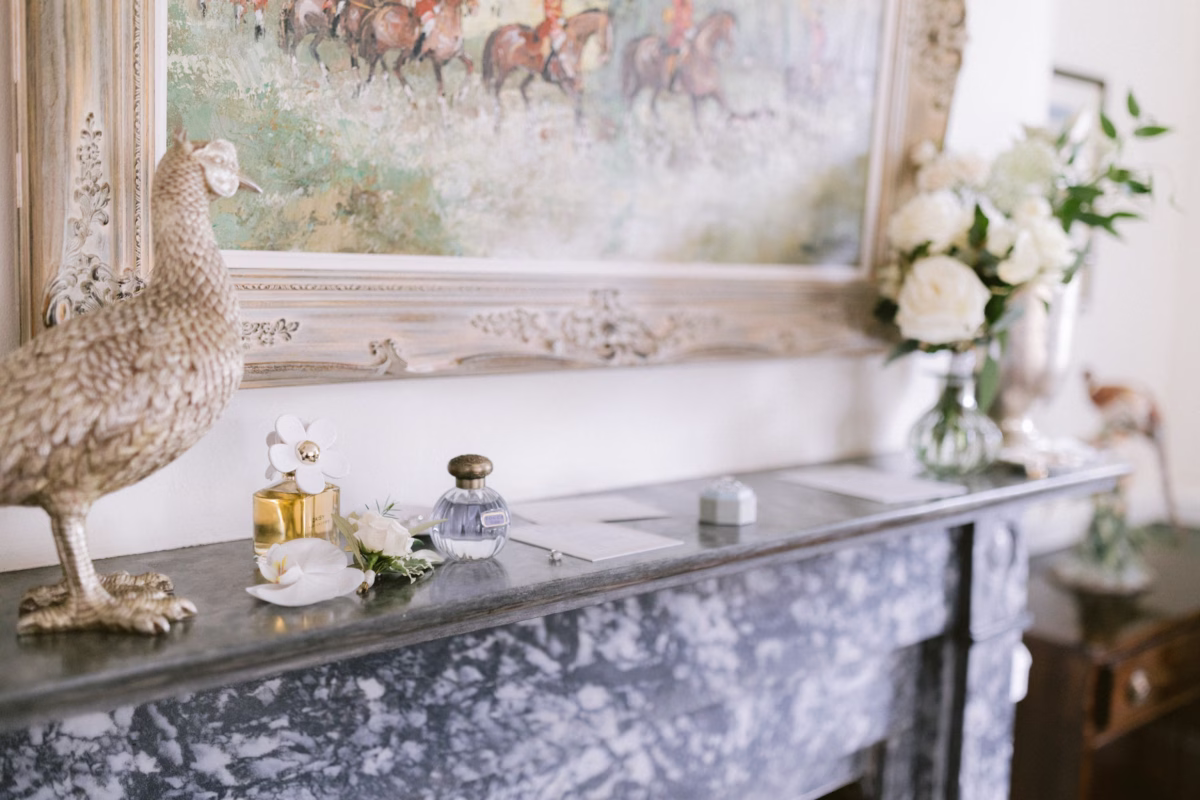 wedding details perfume flowers florist allie johnson johnsons locust hall - A Farm Wedding at Johnson's Locust Hall, New Jersey Elegant wedding detail styling with perfume bottles and white flowers by Allie Johnson at Johnson's Locust Hall farm wedding in New Jersey