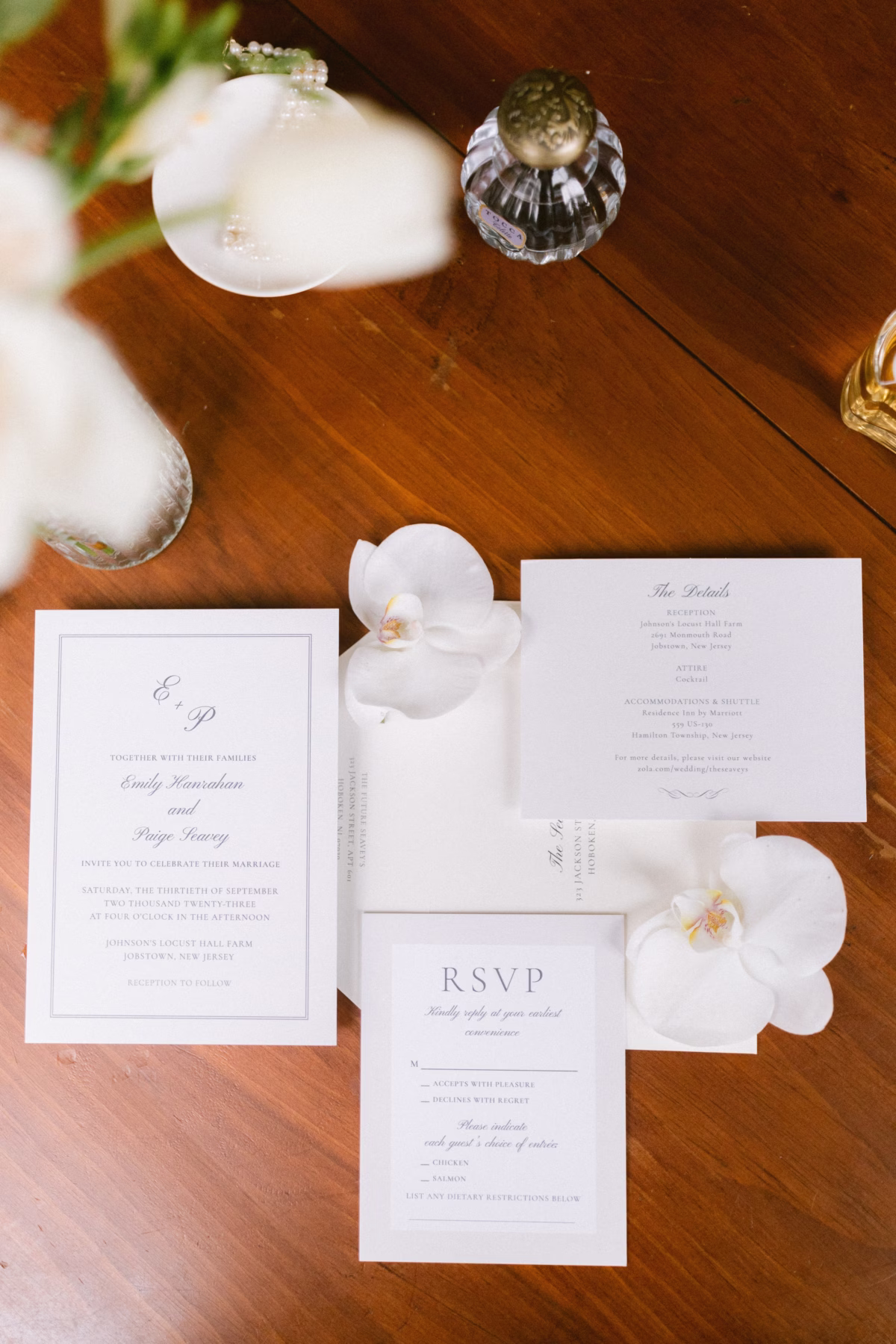 wedding invitation suite stationery zola johnsons locust hall farm wedding - A Farm Wedding at Johnson's Locust Hall, New Jersey Elegant white wedding invitation suite by Zola with orchid flowers for a farm wedding at Johnson's Locust Hall photographed by Tampa Bay wedding photographer Ashley Izquierdo Photography