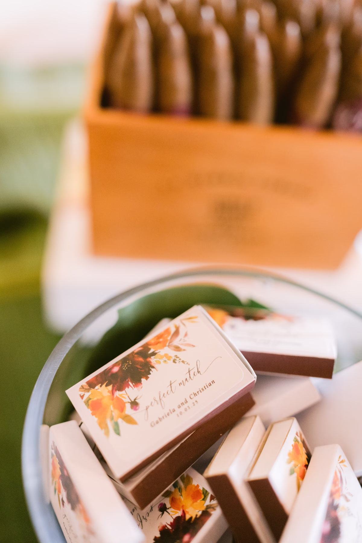 Custom wedding matchbox favors with autumn floral design by Seashine Weddings at Armature Works Tampa wedding