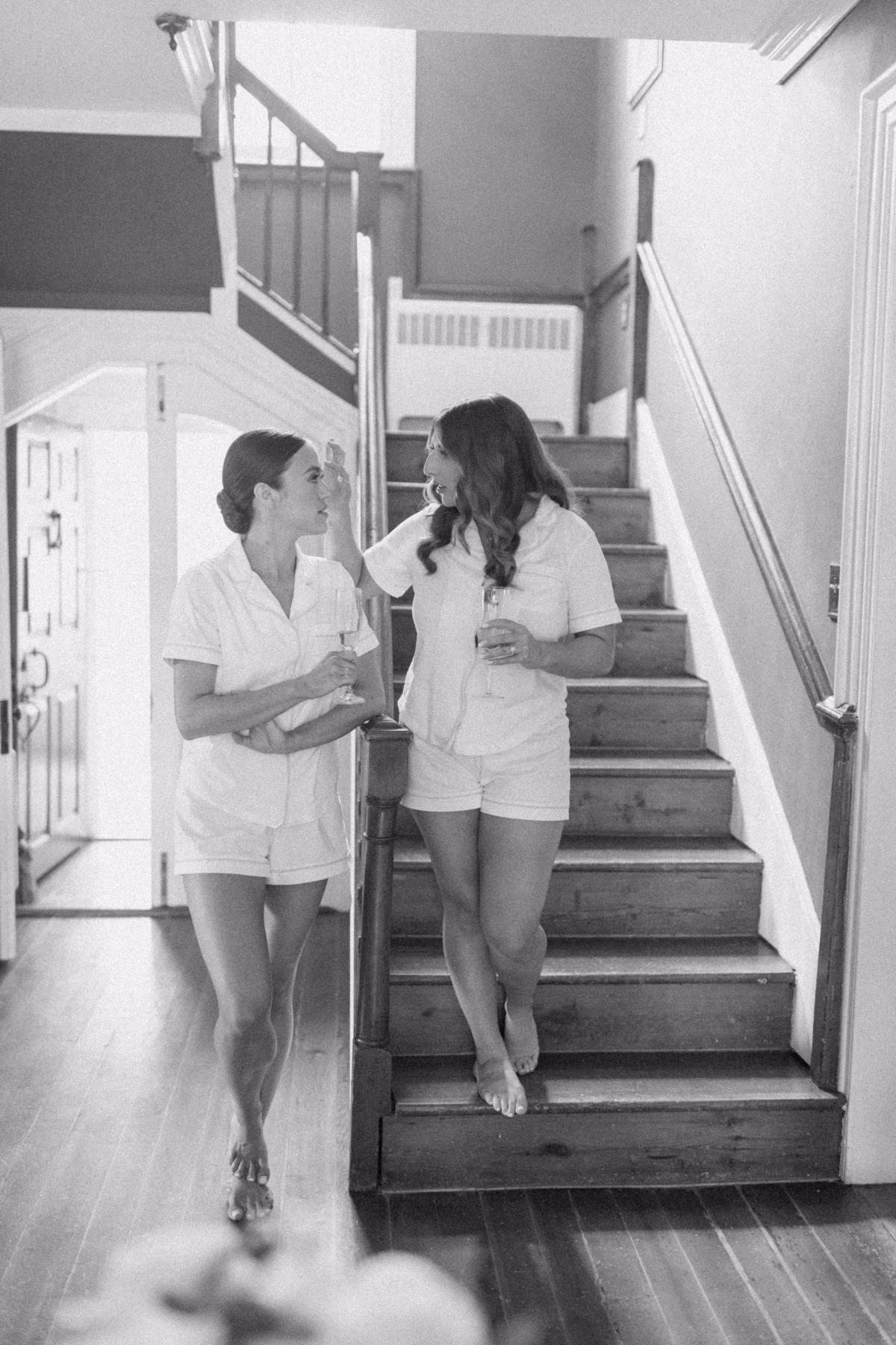 wedding planning olive and shae johnsons locust hall bridesmaids getting ready - A Farm Wedding at Johnson's Locust Hall, New Jersey Bridesmaids in white getting ready with champagne at Johnson's Locust Hall farm wedding planned by Olive and Shae in New Jersey