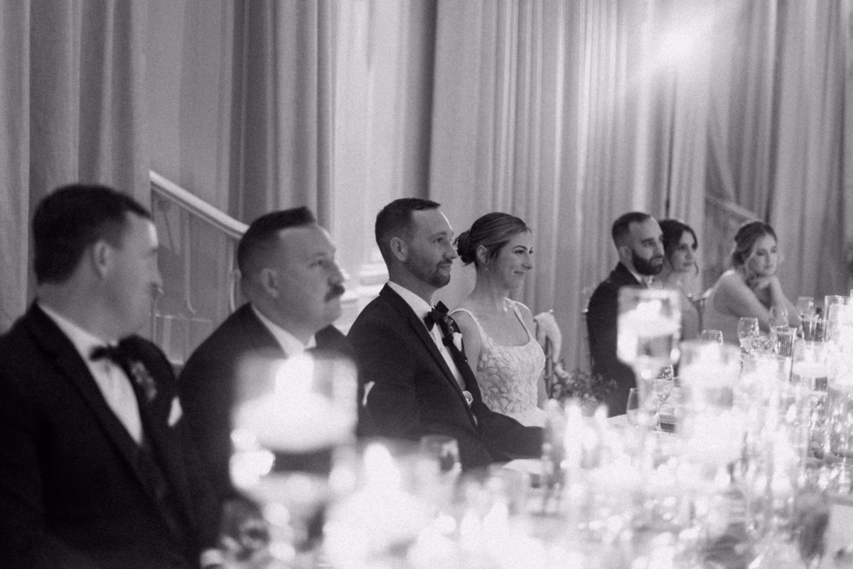 Elegant black and white wedding reception head table moment at The Vinoy St Petersburg planned by Lemon Drops Weddings and Events