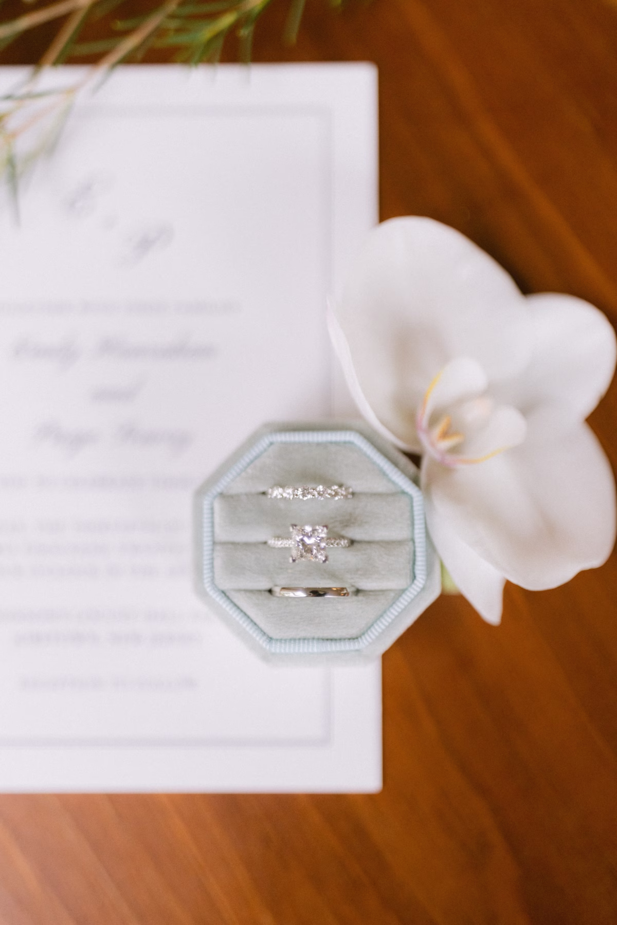 wedding rings stationery zola johnsons locust hall new jersey - A Farm Wedding at Johnson's Locust Hall, New Jersey Elegant wedding rings displayed on Zola stationery with white orchid at Johnson's Locust Hall farm wedding in New Jersey